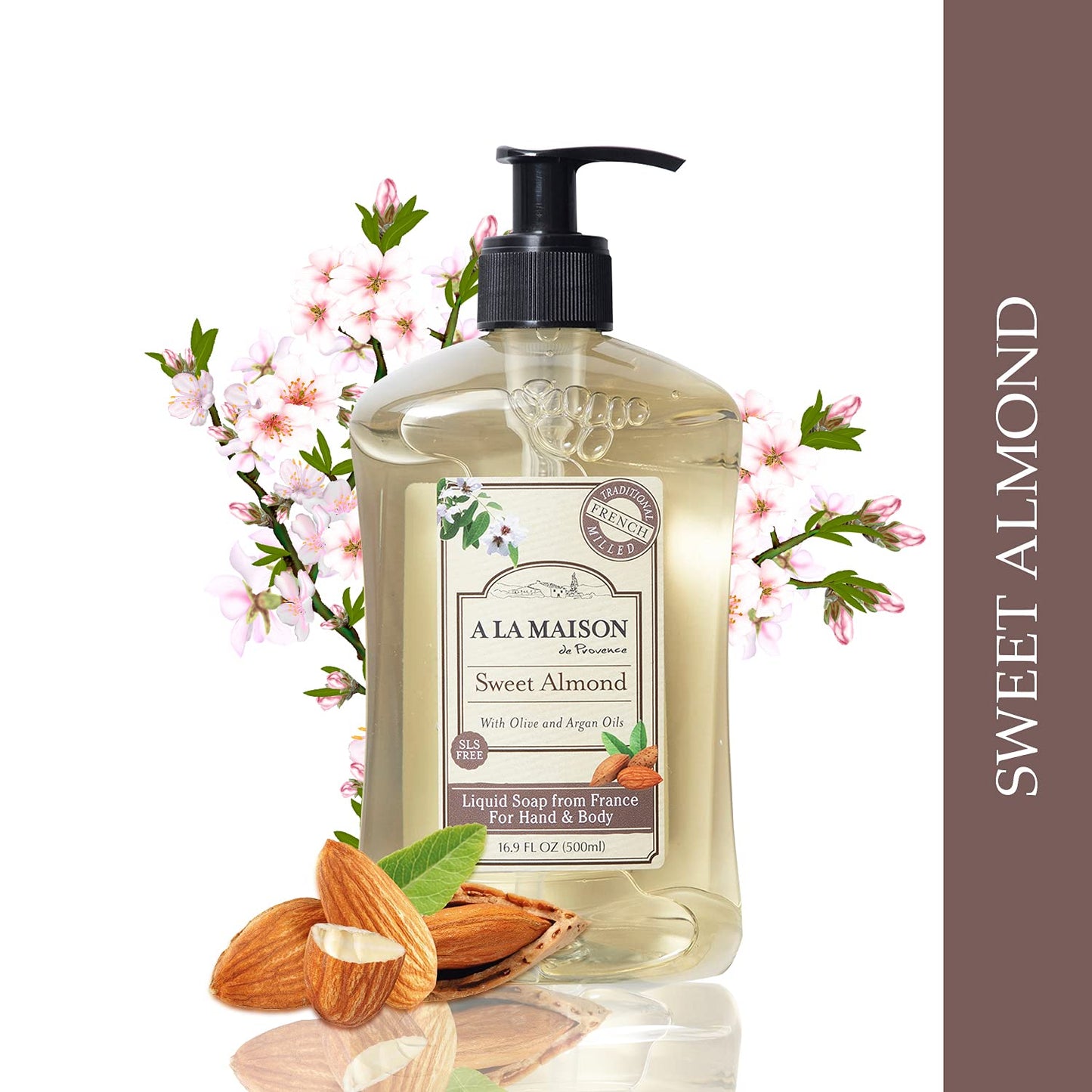 A LA MAISON Sweet Almond French Liquid Hand Soap - Natural Hand Wash Made with Essential Oils - Biodegradable, Plant-Based, Vegan, Cruelty-Free, Alcohol & Paraben Free (16.9 oz, 2 Pack)