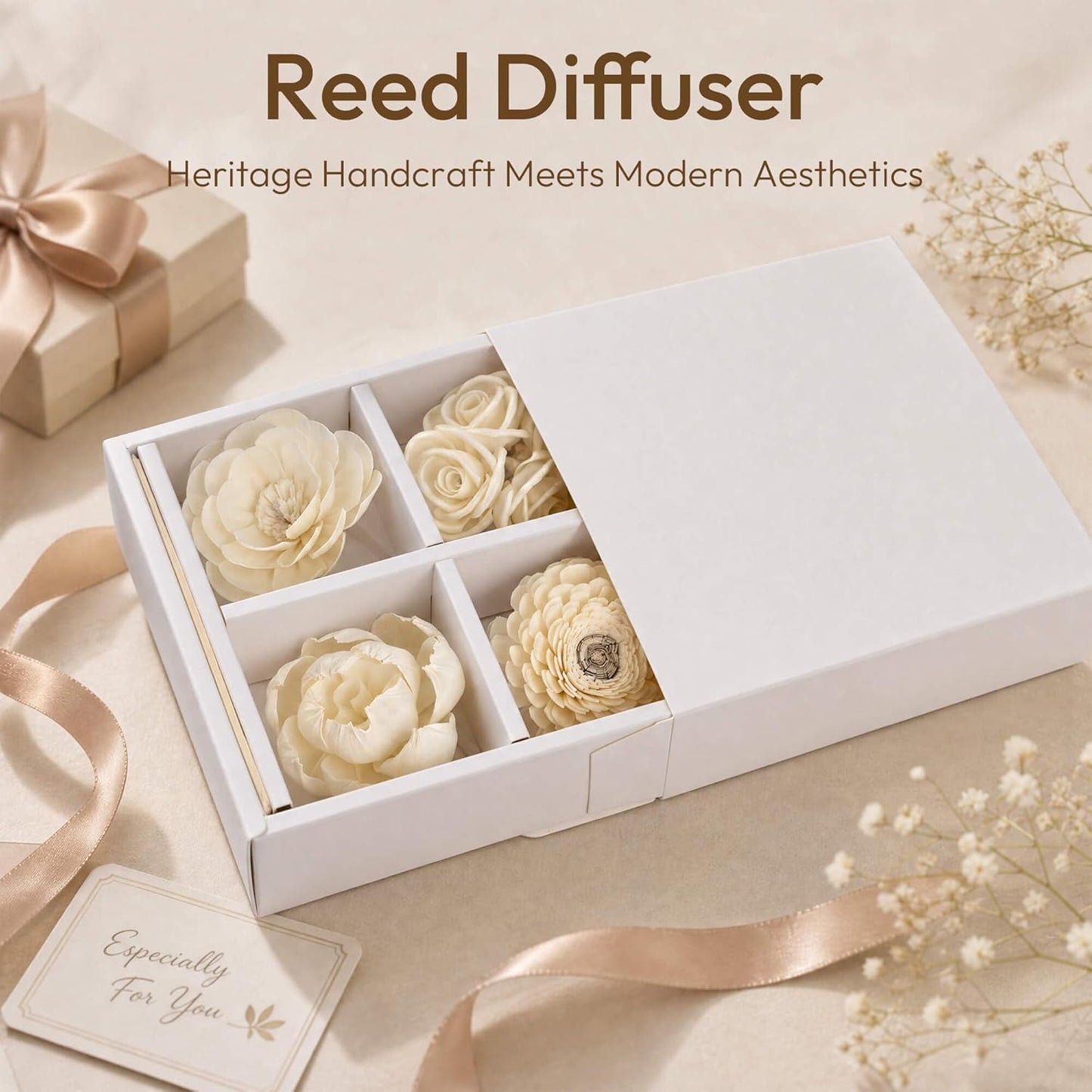 Flower Reed Diffuser Sticks Set, 7 Pcs Assorted White Handmade Sola Wood Flowers for Home Fragrance, Bathroom Aromatherapy & Decoration