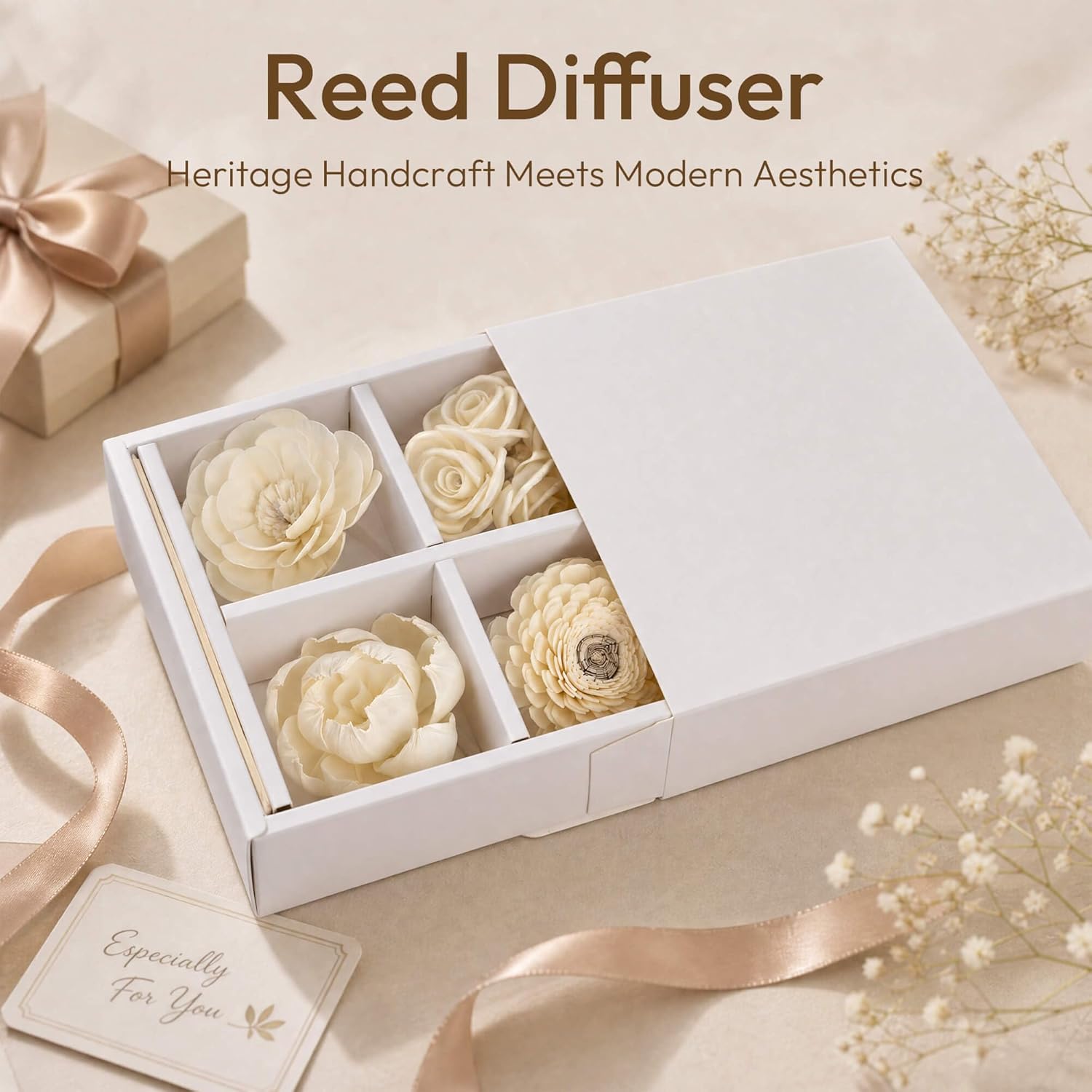 Flower Reed Diffuser Sticks Set, 7 Pcs Assorted White Handmade Sola Wood Flowers for Home Fragrance, Bathroom Aromatherapy & Decoration
