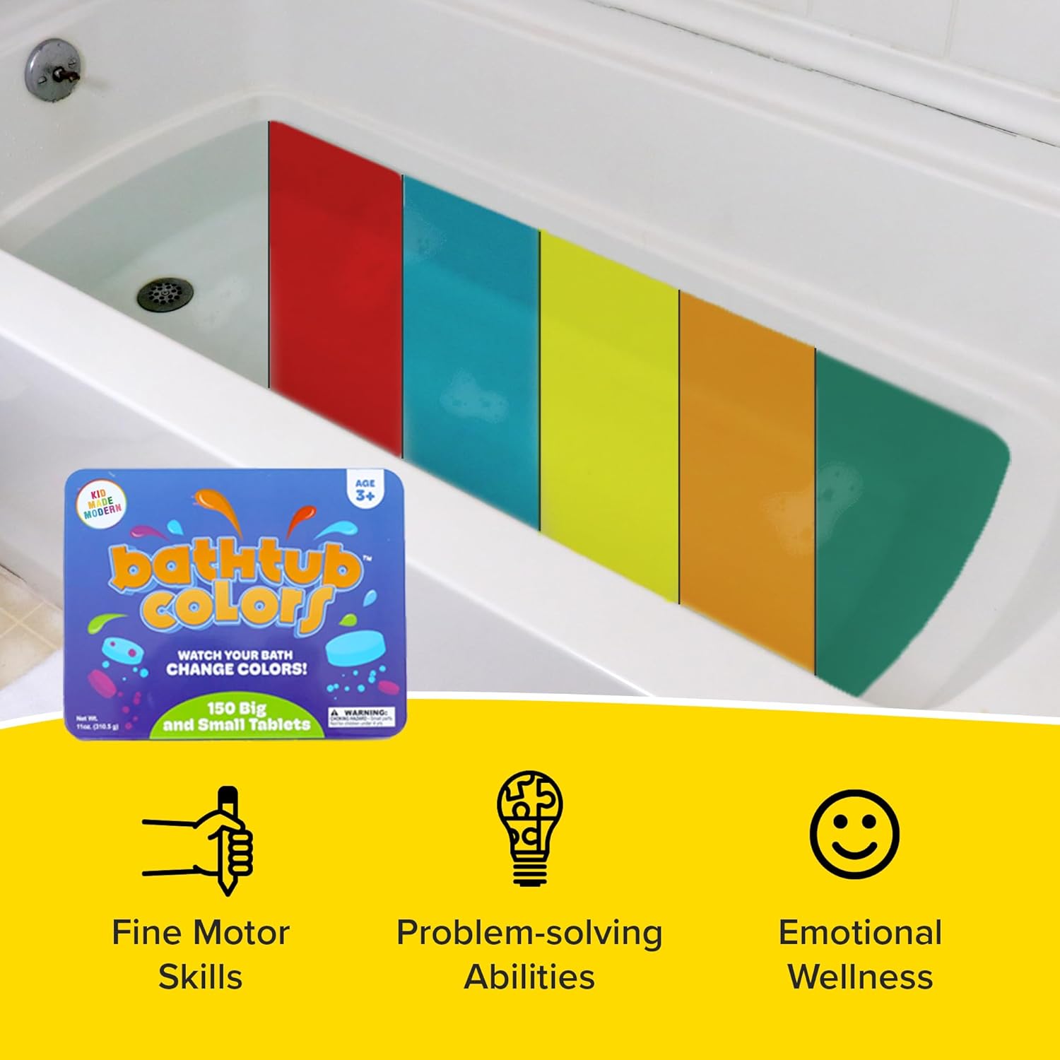 Kid Made Modern Bath Color Tablets for Kids - 150 Counts Non Toxic Bath Drops for Toddlers - Blue, Yellow, Pink, and Purple Bathtub Color Fizzies Tablets - Fun & Mini Bath Bombs (150 Count - Ages 3+)