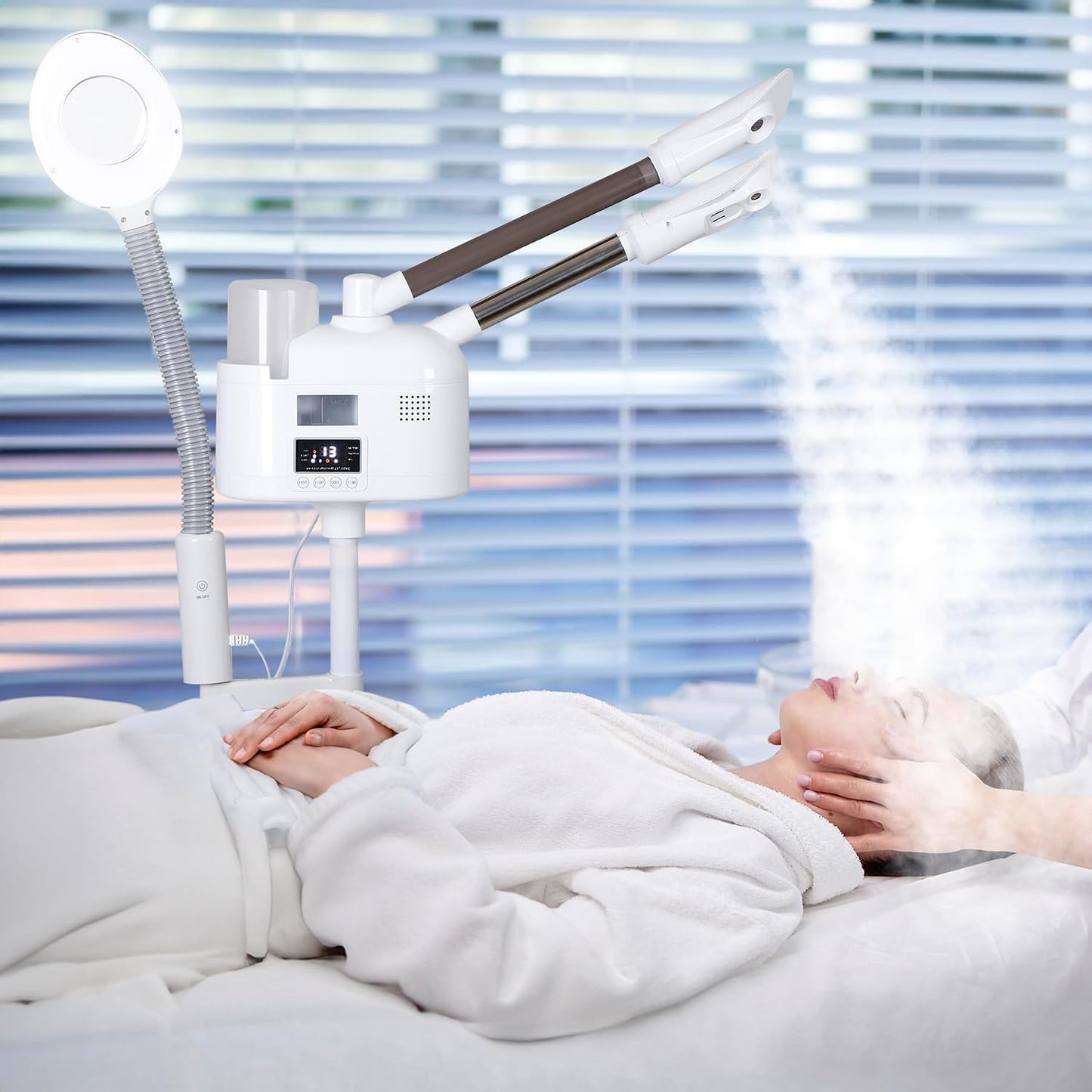 Professional 3 in 1 Facial Steamer Deep Cleaning Ozone Facial Steamer with 5X Magnifying Light & Rolling Wheels Hot/Cold Mist Function for Salon Spa Home Beauty Equipment, White