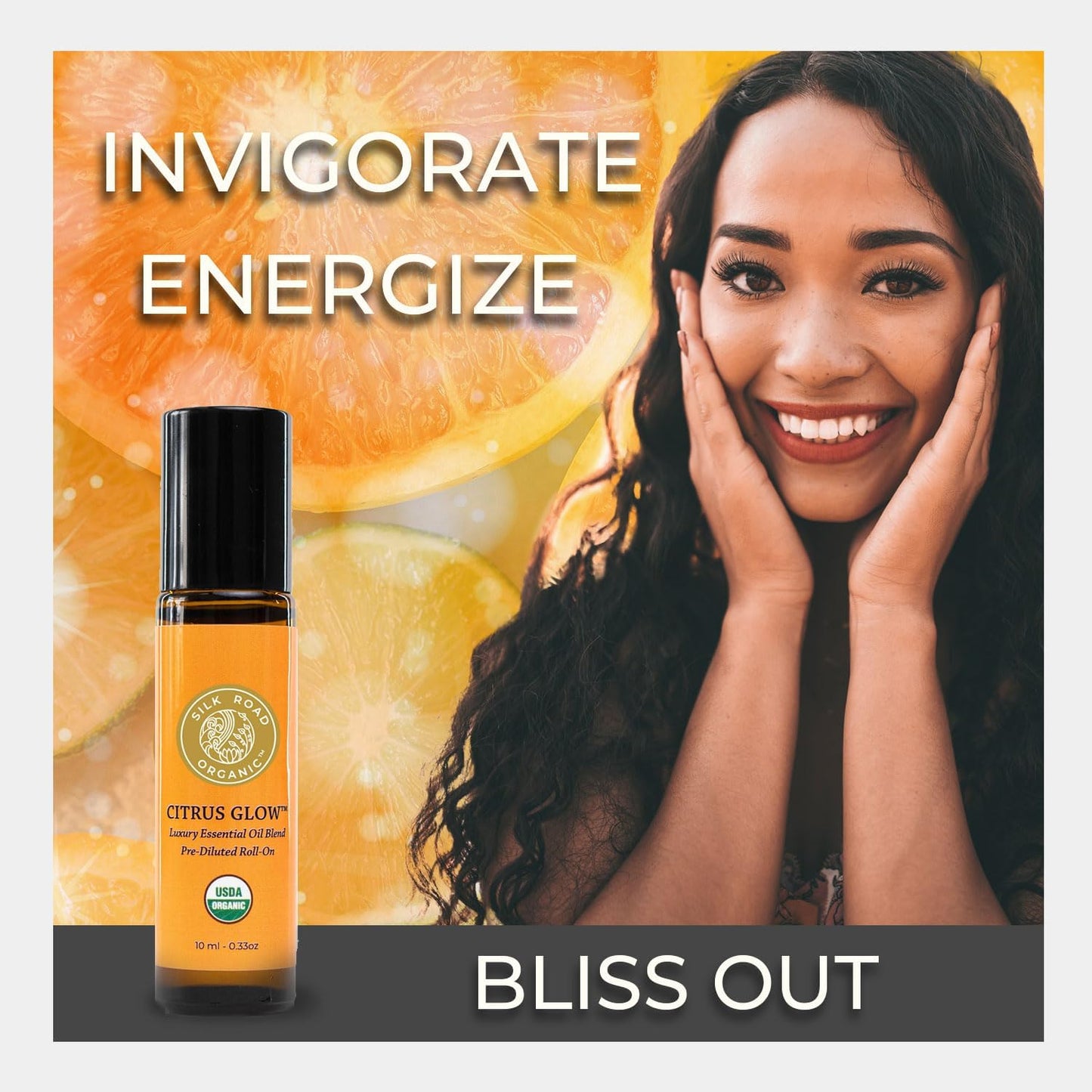 Silk Road Organic Citrus Glow Essential Oil Revive Blend Roll On for Stress, Energy & Focus | USDA Certified Citrus & Vanilla, 10 ml Roller