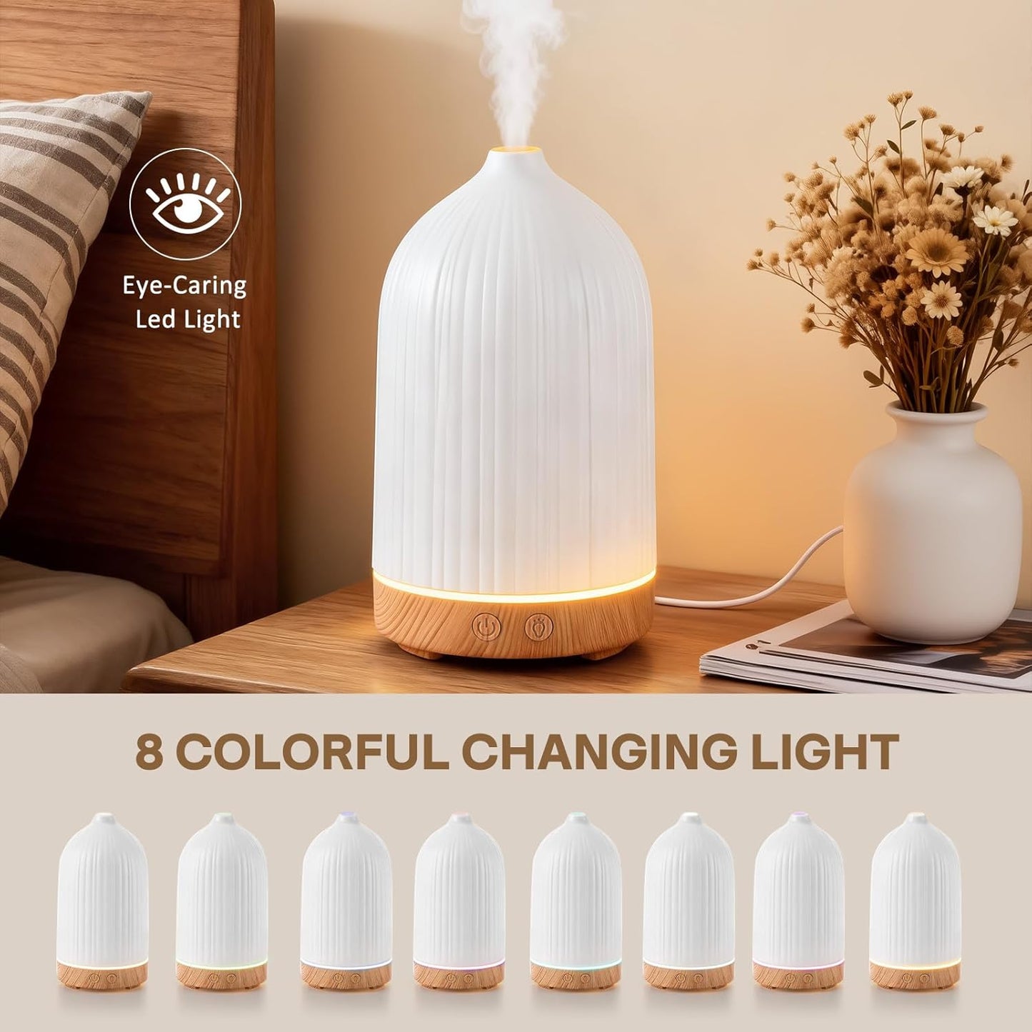 100ML Essential Oil Diffuser, Ultrasonic Cool Mist Aromatherapy Diffuser with Timer & 8-Color LED Light, Continuous & Intermittent Mist Modes, Auto-Off, Quiet Diffusers for Home Office Yoga