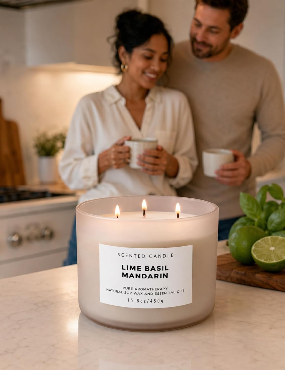 Lime Basil Mandarin 3-Wick Soy Candle | 15.8 oz Large Scented Candle for Home | Clean Burn Long Lasting | Fresh Herbal Citrus Scent | Gift Ready