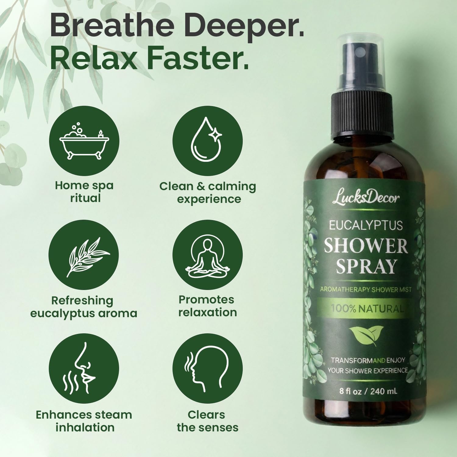 Eucalyptus Shower Spray 8oz – Aromatherapy Shower Mist, Spa and Sauna Inspired Shower Steamer Alternative for Refreshing, Relaxing Showers - Bath Oil Spray Eucalyptus Essential Oil