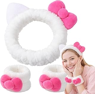 Cat Bow Makeup Headband for Skincare, 3 Pack Cute Spa Makeup Headband Set for Women, Cat Ear Bow Washing Face Headbands with Wristbands