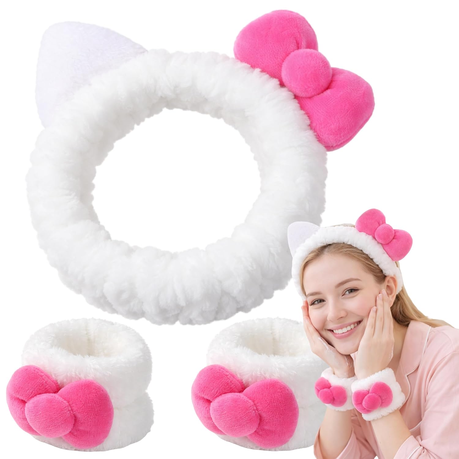 Cat Bow Makeup Headband for Skincare, 3 Pack Cute Spa Makeup Headband Set for Women, Cat Ear Bow Washing Face Headbands with Wristbands