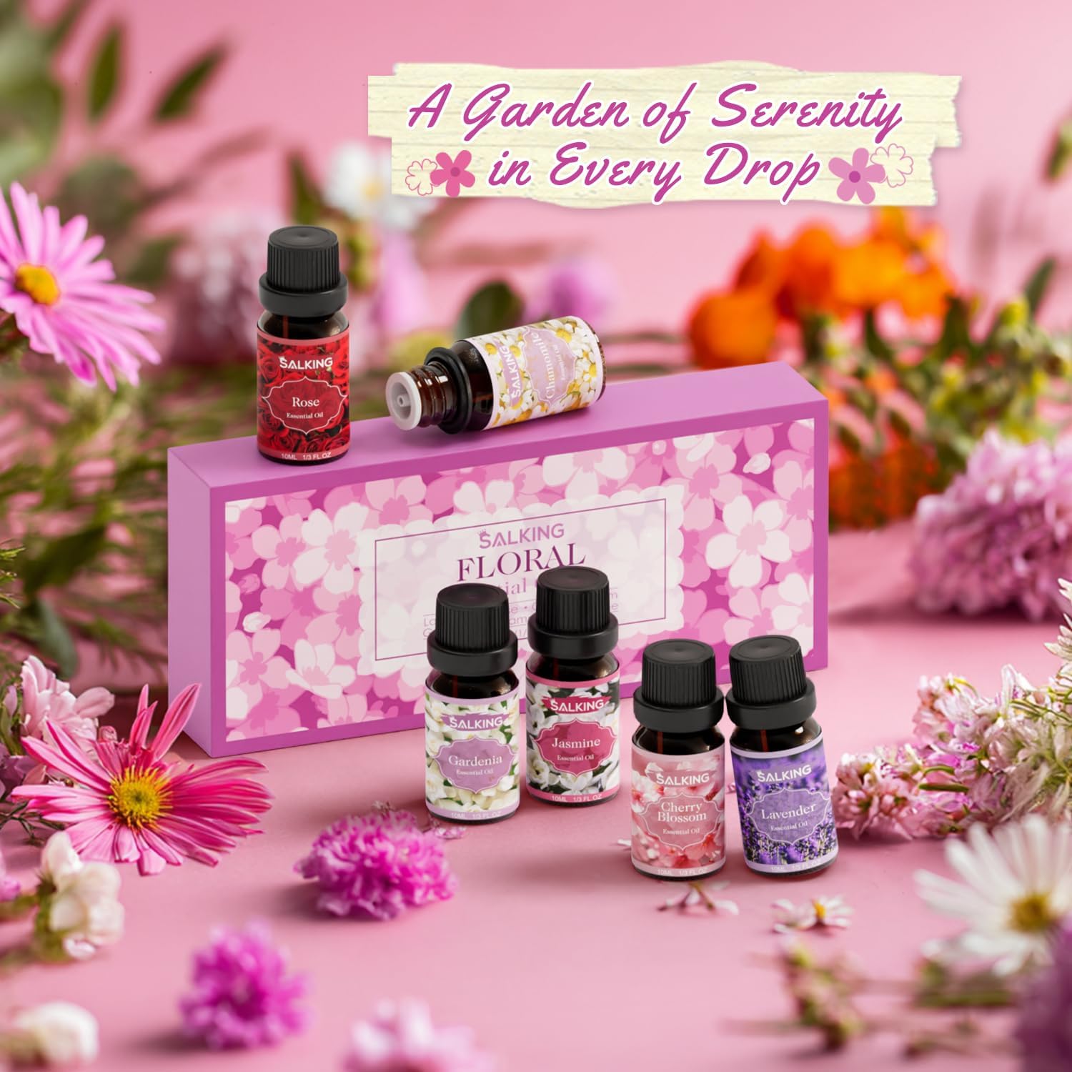 SALKING Floral Essential Oils Set, Premium Pure and Natural Essential Oils, Fragrance Oil Scented Oils for Oil Diffusers 6 x 10 ML - Lavender, Rose, Jasmine, Cherry Blossom, Gardenia, Chamomile