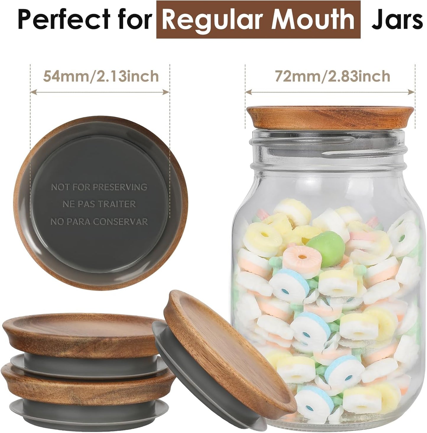 6 Pack Regular Mouth Lids for Mason Jars, Reusable Wooden Storage Lids with Silicone Seal for Regular Mouth Jars
