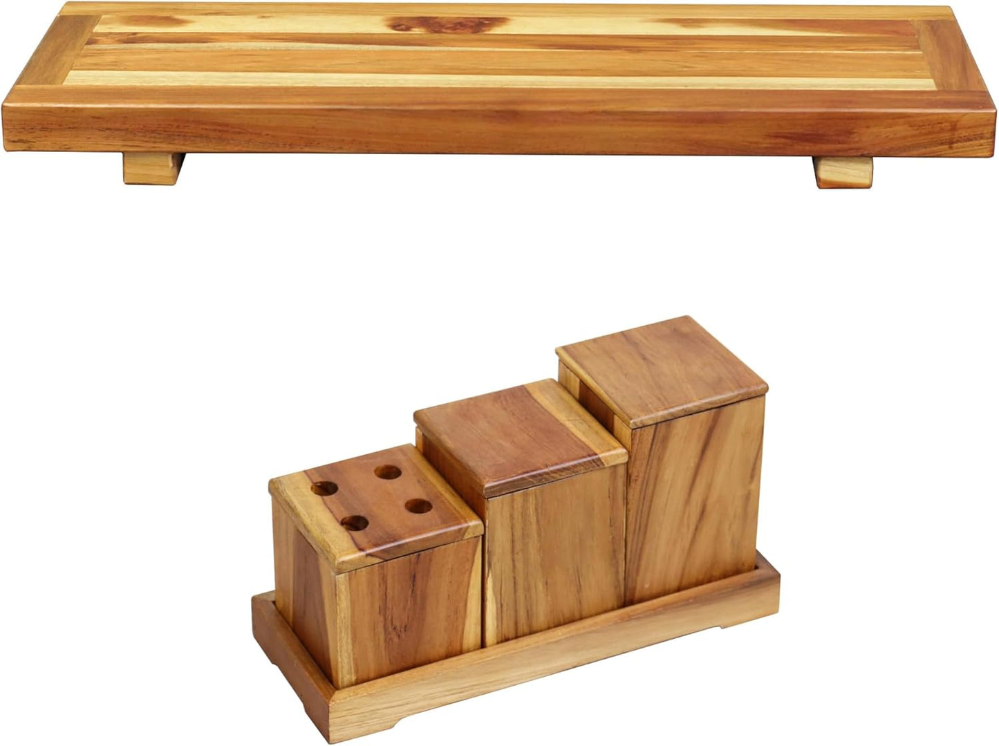 EcoDecors 29 inch Bath Caddy Tray for Bathtub with Eleganto 3 Piece Teak Wood Bath Amenities Set Bundle