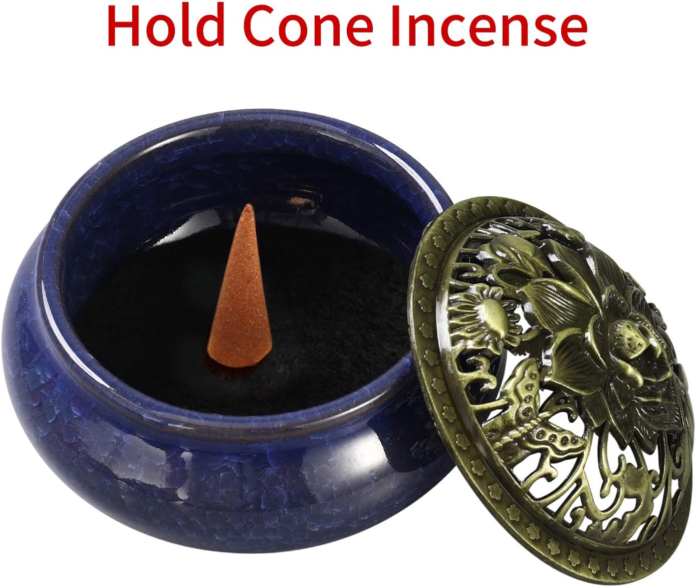 Miupoo Incense Burner and Cone Incense Holder with Brass Incense Stick Holder Ceramic Ash Catcher (Dark Blue)