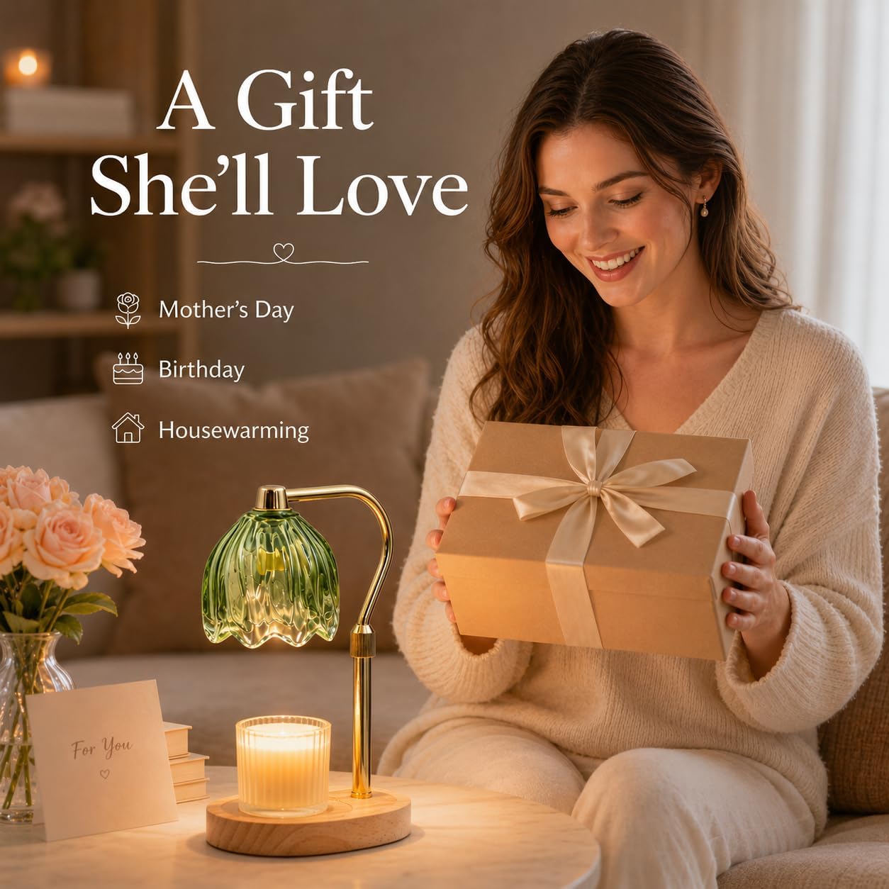 Candle Warmer Lamp with Timer Dimmable Green Candle Lamp Warmer with 2 Bulbs Adjustable Height Birthday Gifts for Women Mothers's Day Gifts House Warming for New Home Decor