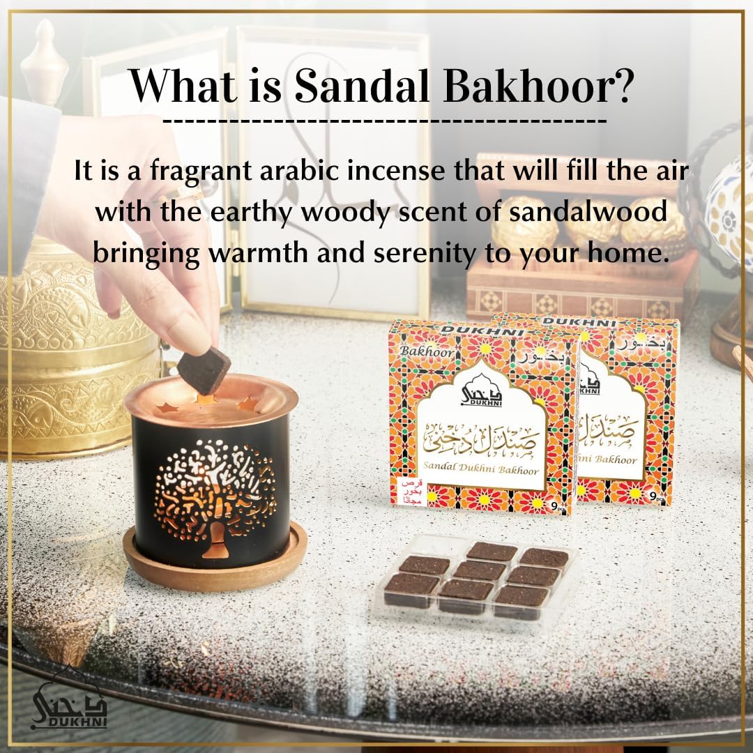 Dukhni Sandal Bakhoor Set | 2 x 9 Piece Each & Tree of Life Bakhoor Burner | Arabic Incense, Sandalwood Aroma, Grounding Woody Scent | Relax & Meditate, Home Fragrance, Home Aromatherapy