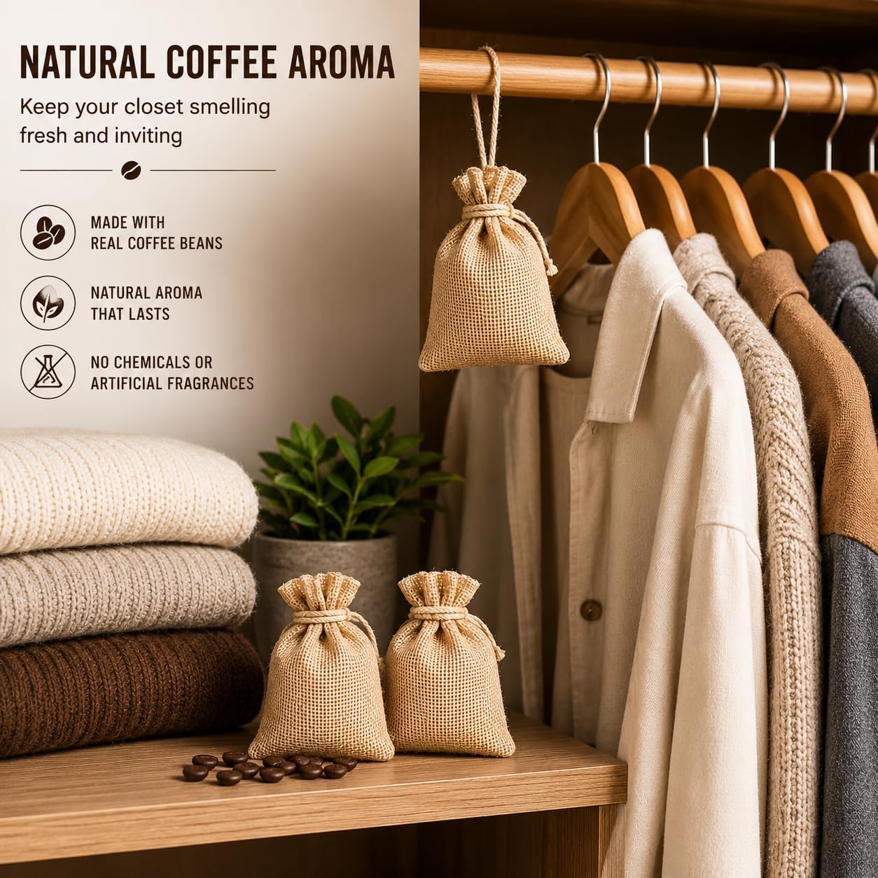 Coffee Scented Bags, Natural Coffee Aroma Air Freshener, Made with Real Beans, Long Lasting Fragrance, for Closets, Cars and Drawers, 3 Pack