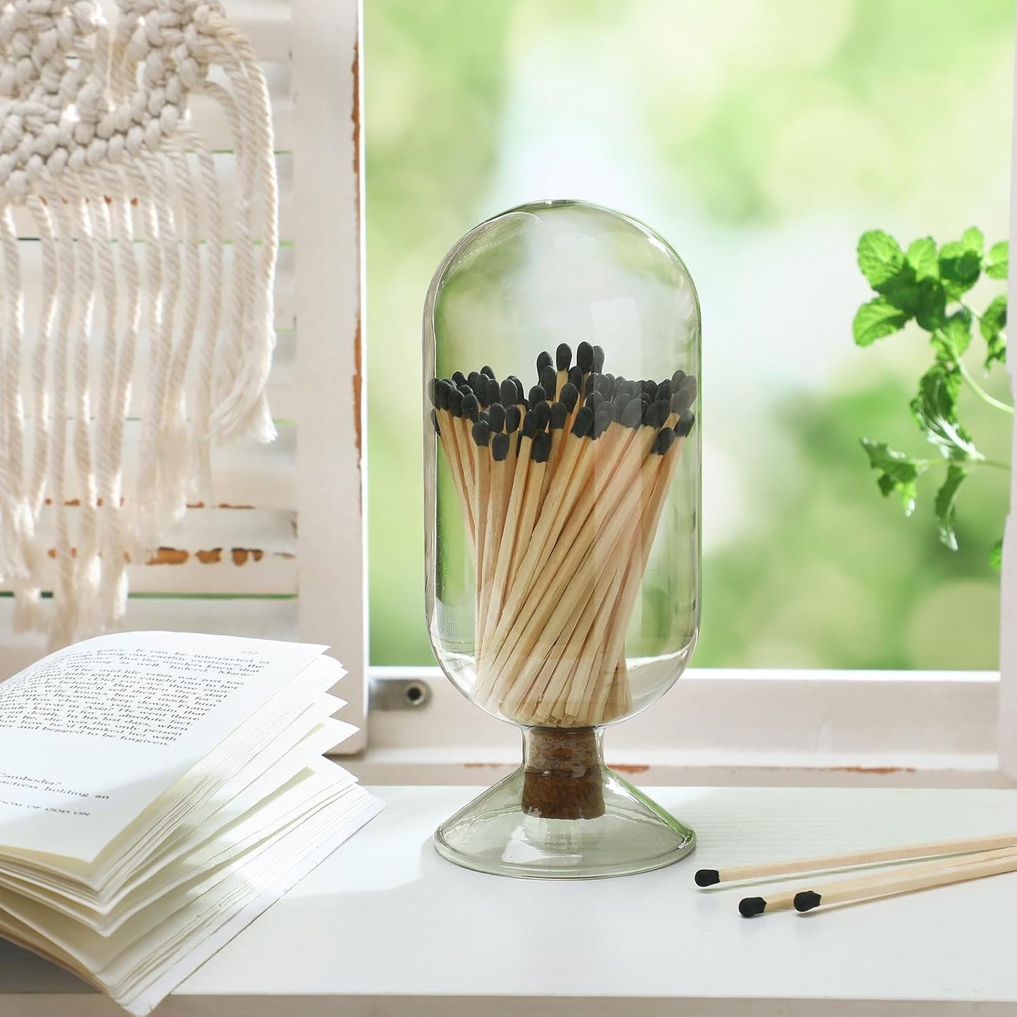 Teenyyou Smoke Grey Glass Match Cloche Holder Decorative Matches Jar Trendy Fireplace Display Decor, Not Include Sticks(7 x 2.95 Inch)