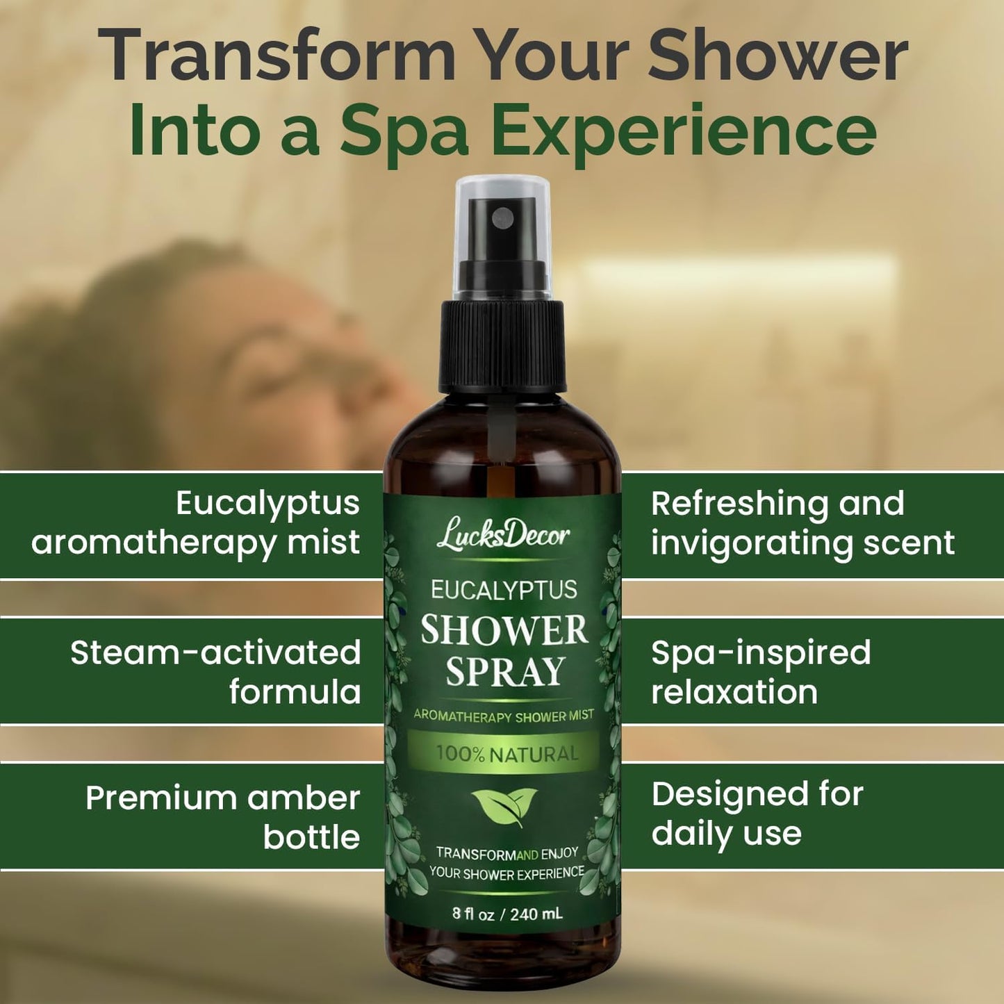 Eucalyptus Shower Spray 8oz – Aromatherapy Shower Mist, Spa and Sauna Inspired Shower Steamer Alternative for Refreshing, Relaxing Showers - Bath Oil Spray Eucalyptus Essential Oil