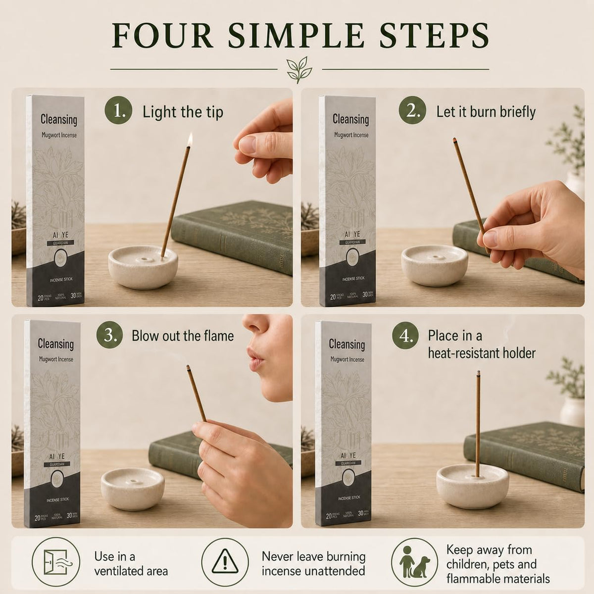 Mugwort Incense Sticks with Agarwood and Sandalwood, 20 Count