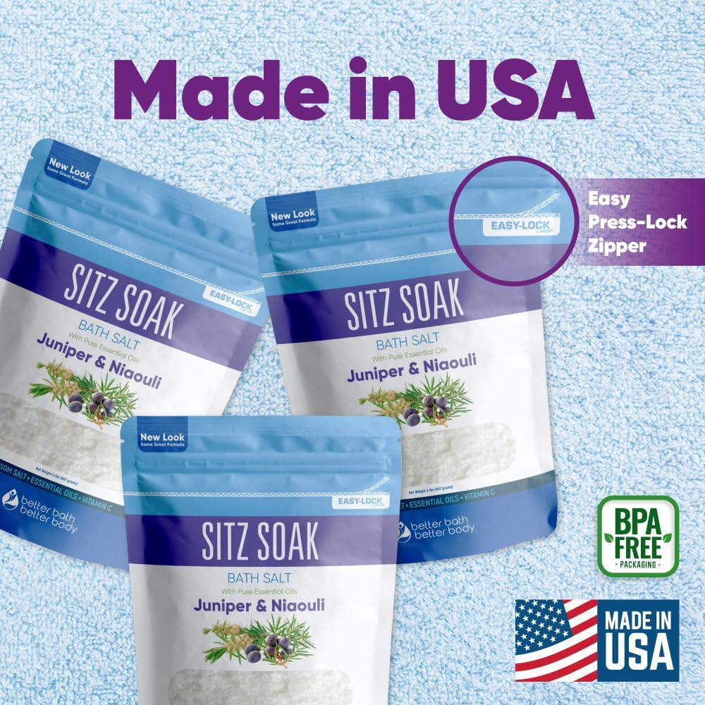 Sitz Bath Salt (3 Pack Soaks Bundle) Hemorrhoid Soothing Sitz Soak USP Grade Epsom Salt 3 Pouches 6 Lbs Total with Pure Essential Oils in BPA Free Pouch with Easy Press Seal Made in USA