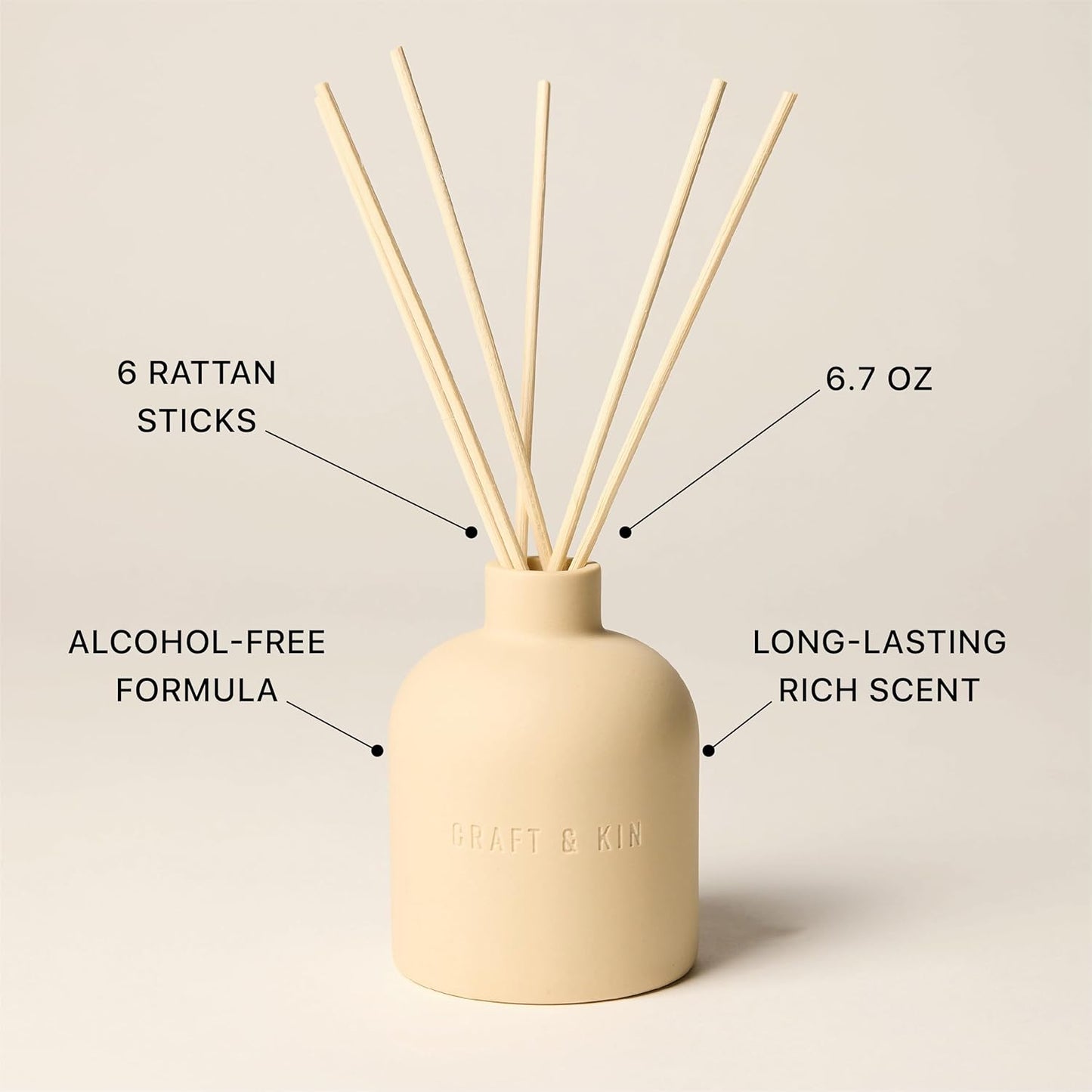 Craft & Kin Neroli & Jasmine Reed Diffuser – Earthenware Collection, 6.7 oz – Alcohol-Free Essential Oil Diffuser for Home & Bathroom – Long-Lasting Fragrance Sticks – Ceramic Room Decor