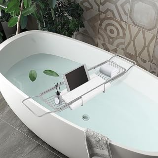 Expandable Bathtub Tray Caddy for Bath Relaxing, Bath Table Tub Tray, Adjusts from 26.77-35.43 in, Ideal for Housewarming, Multifunctional Bathtub Bathroom Organizer (Silver+White)