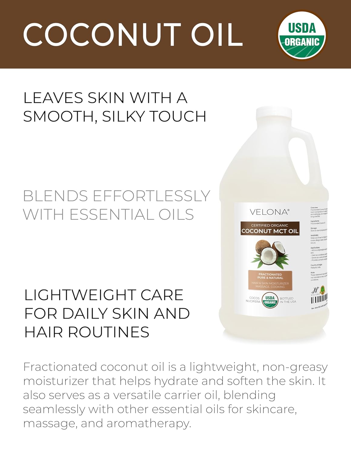 velona USDA Certified Organic MCT Coconut Oil - 64 fl oz | 100% from Coconut | Fractionated | Skin, Face, Body, Hair Care | Use Today - Enjoy Results