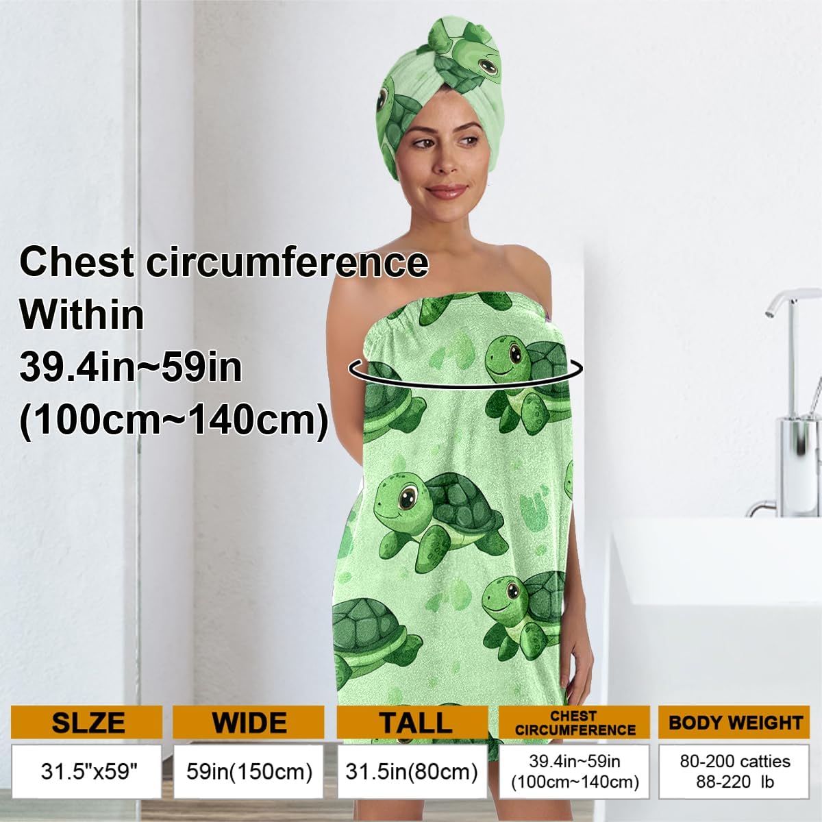 Turtle Bath Wrap Set with Hair Turban, Spa Towel Wrap with Matching Head Wrap, Spa Towel Wrap, Towel Robe for Women (Green)