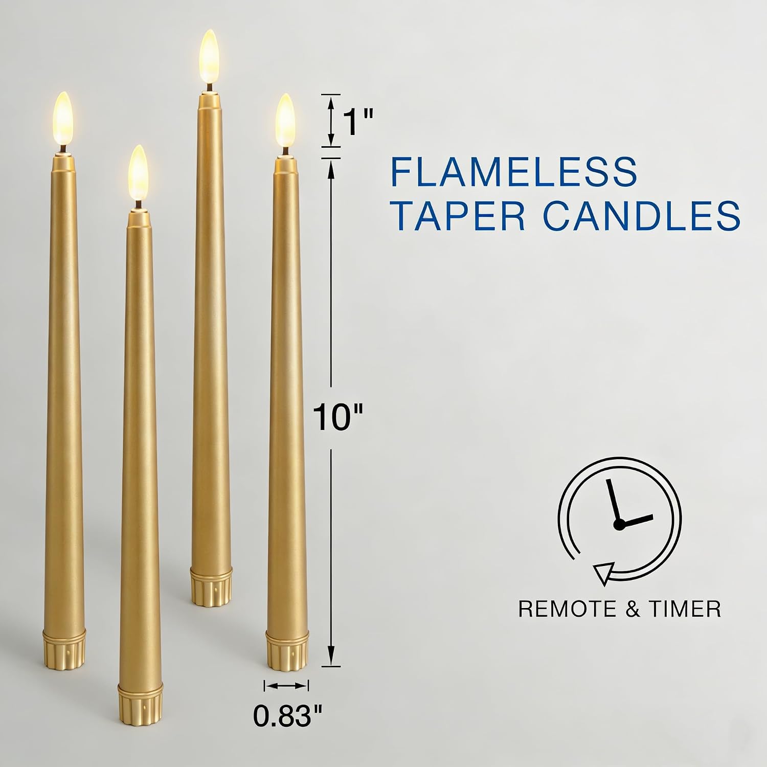 Gold Flameless Taper Candles with Remote, Flickering Battery Powered LED Candlesticks Set of 4