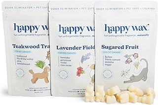 Happy Wax Pet Scents Collection: Pet Safe, Odor Eliminating, Non-Toxic Scented Soy Wax Melts – Total 6oz Variety Pack: Teakwood Trails, Lavender Fields, and Sugared Fruit