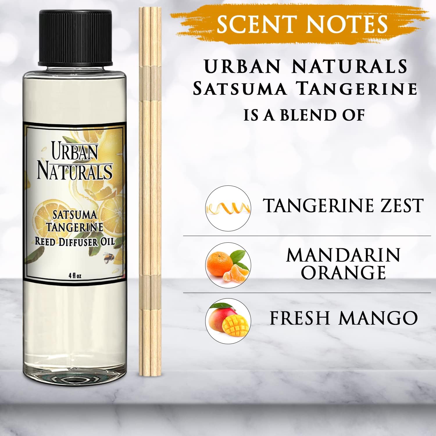 Urban Naturals Satsuma Tangerine Reed Diffuser Refill Set | Includes a Free Set of Reed Sticks! 4 oz | Long Lasting Room Scent | Great Home Gift Idea