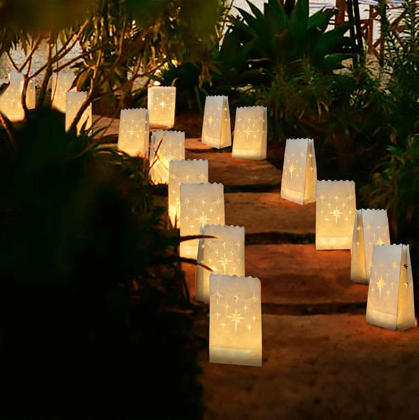 Homemory White Luminary Bags, Upgraded Moisture-Proof Candle Bags, Stars Design Luminaries for Wedding, Party, Halloween, Thanksgiving, Christmas (24)