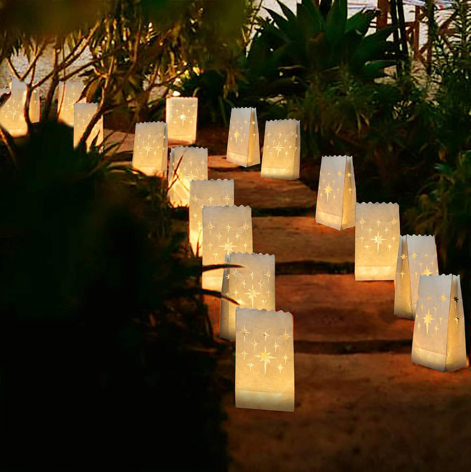 Homemory White Luminary Bags, Upgraded Moisture-Proof Candle Bags, Stars Design Luminaries for Wedding, Party, Halloween, Thanksgiving, Christmas (24)