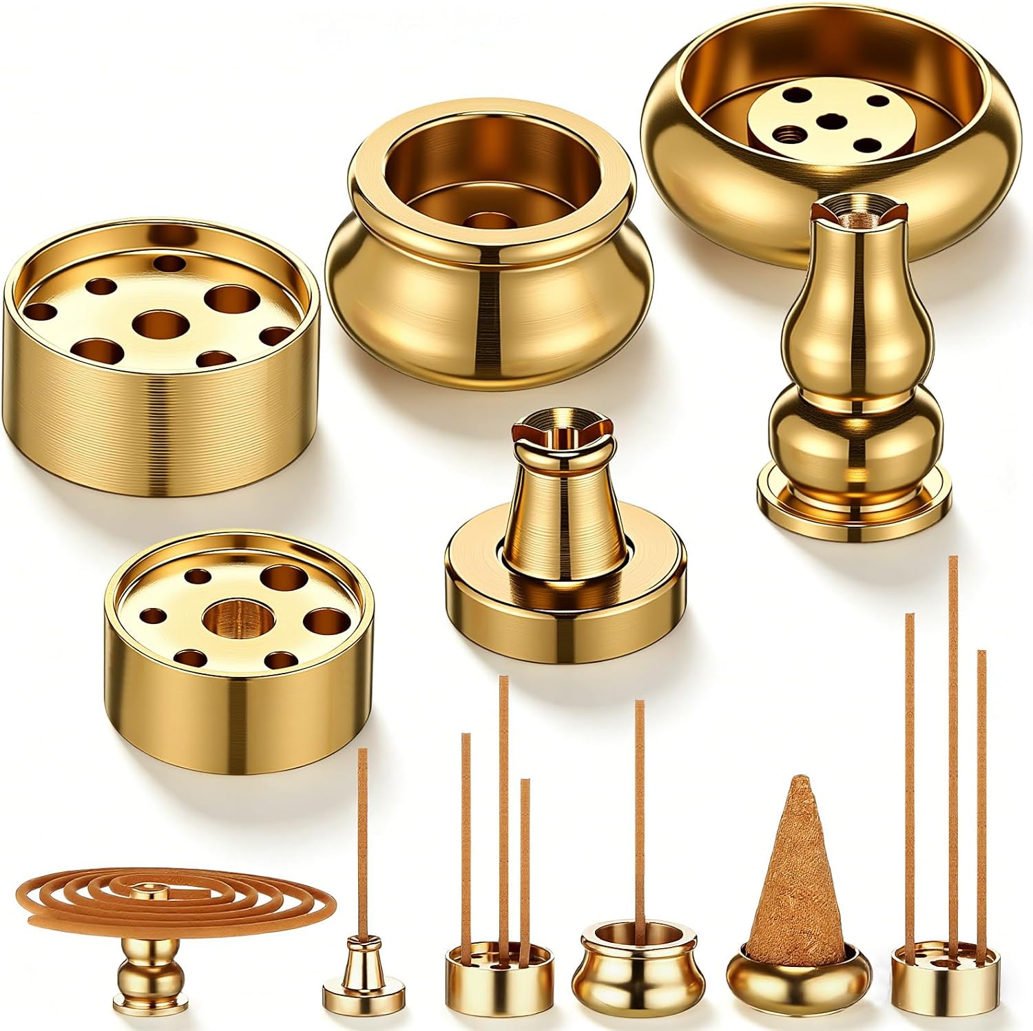 Cinnvoice 6 Pcs Brass Incense Holder Copper Incense Stick Holder 9-Hole Multi-Hole Mini Cone Gourd Burner Accessories for Stick, Tower, Coil, Meditation Room, Home Decor, 6 Styles