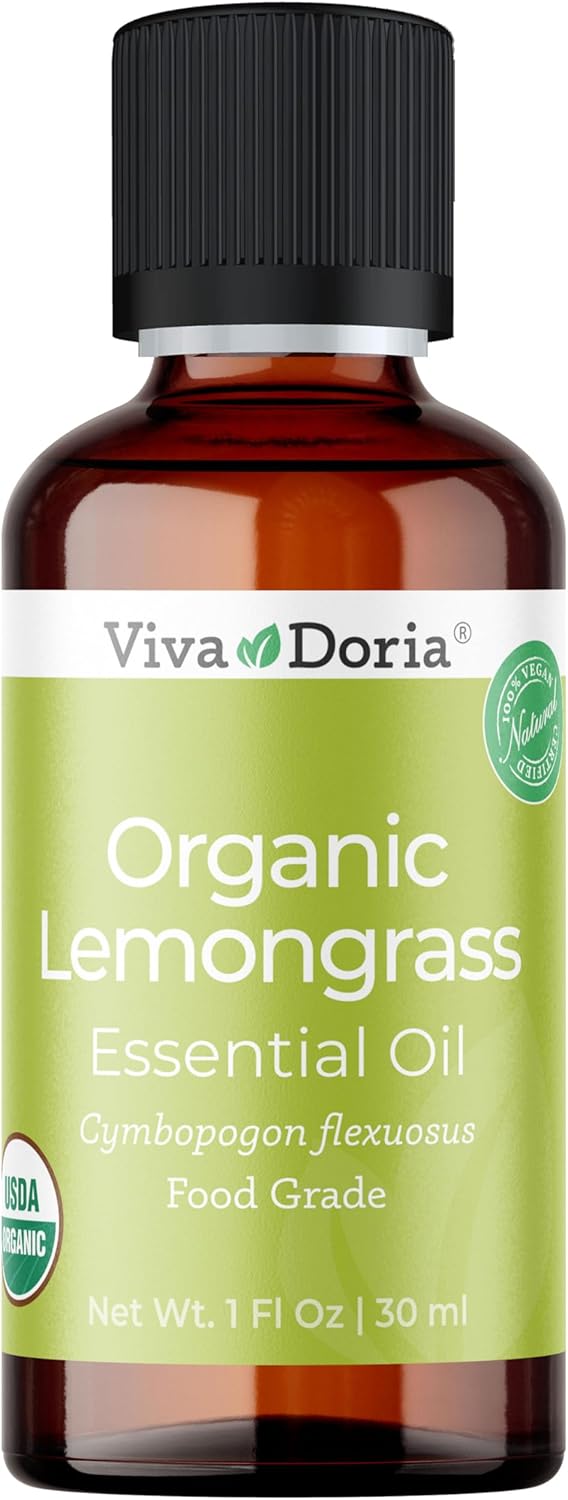 Viva Doria Lemongrass Essential Oil, USDA Certified, Organic Lemongrass Oil, 100% Pure, Natural Essential Oil, Undiluted, for Aromatherapy | Food Grade, 30 mL (1 Fluid Ounce)