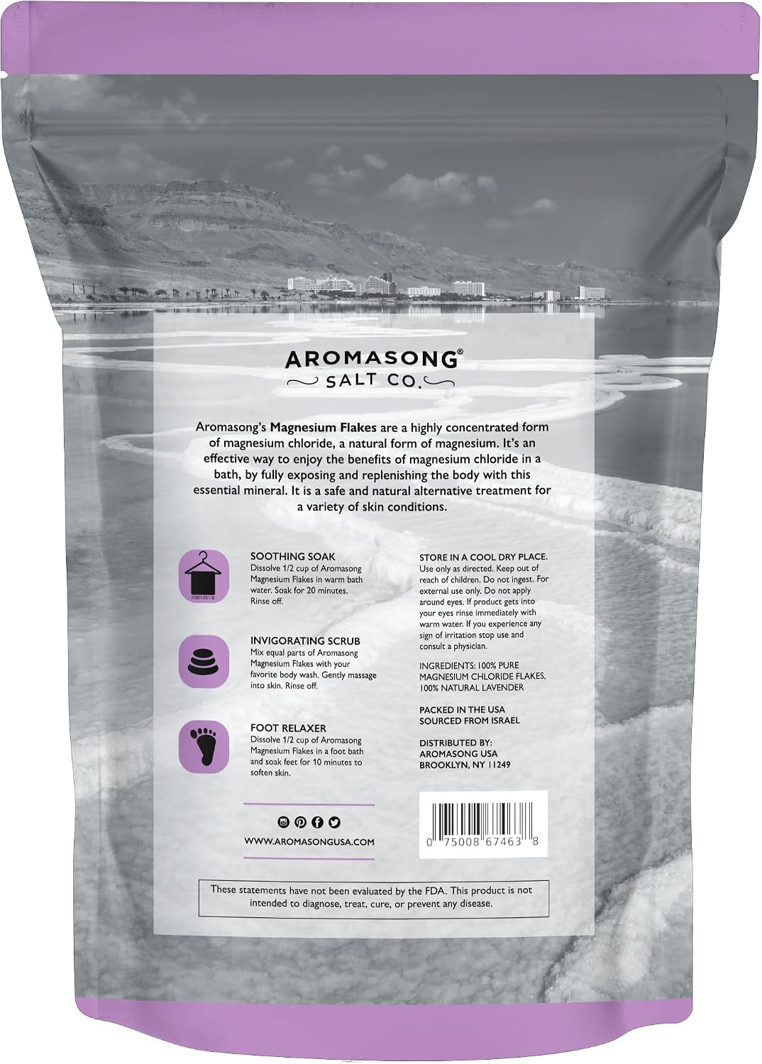 Aromasong RAW Magnesium Bath Flakes with 100% Natural Lavender, 14 Oz. Muscle Relaxing Organic Salts Mg Chloride, Mineral Soak Salt.