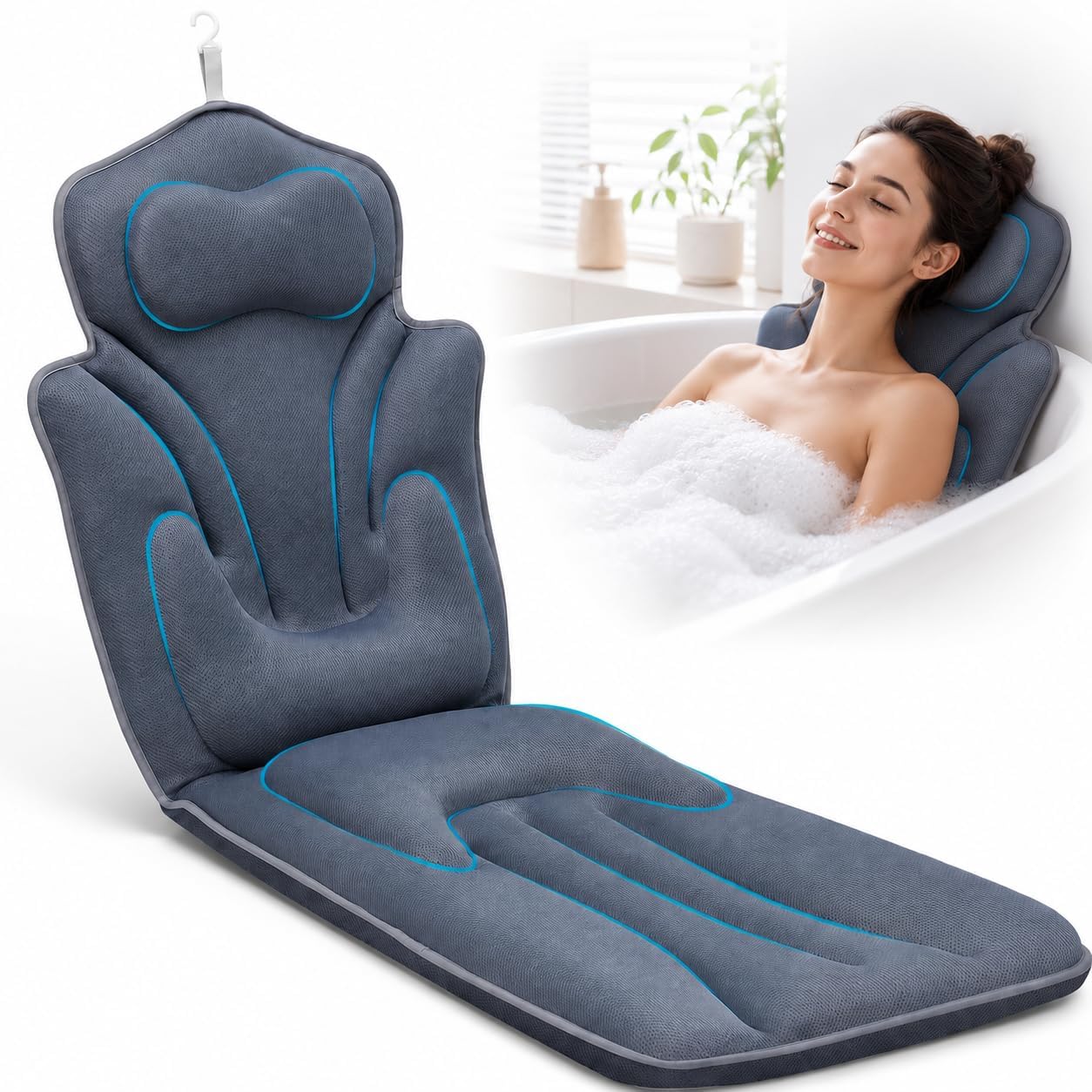 Luxury Full Body Bath Pillow for Bathtub, Extra Long & Wide 3.7" Ultra-Thick Ergonomic Spa Cushion, 5D Air Mesh Tub Pillow with 114 Suction Cups, Washable with Laundry Bag & Hook, 59 x 20 in