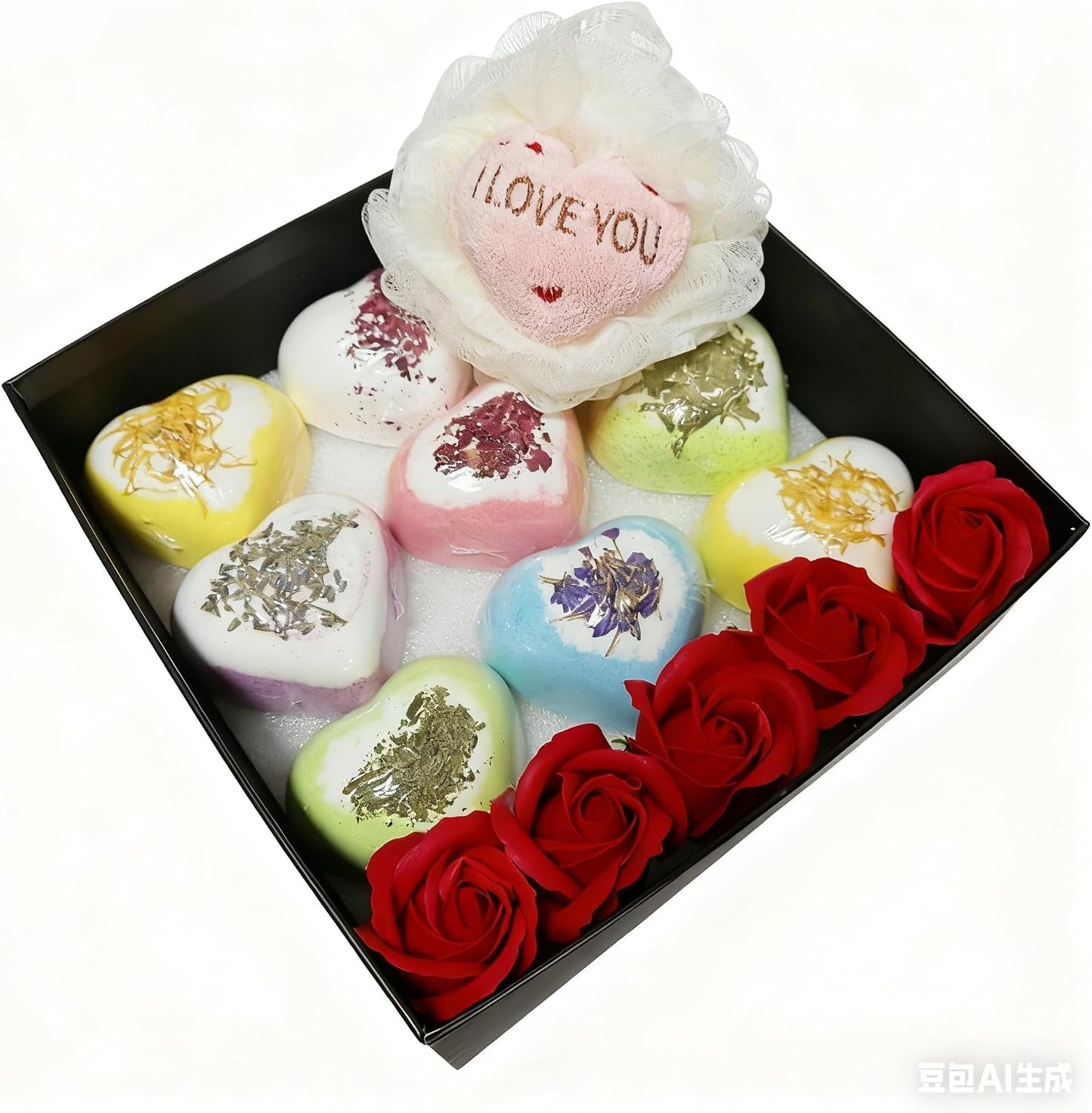 Luxury Valentine's Day Heart Bath Bombs Gift Set, 9 Large Moisturizing Bombs with Shea Butter, Natural Dried Flowers, Multiple Scents, Includes Rose Soap and Loofah
