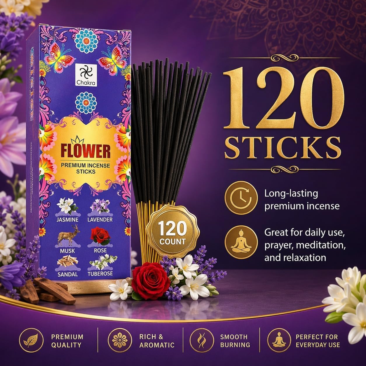 6-Scent Incense Sticks Variety Pack – 120 Count | Jasmine, Lavender, Musk, Rose, Sandalwood & Tuberose | Long-Lasting Aroma for Meditation & Home Use | chakra