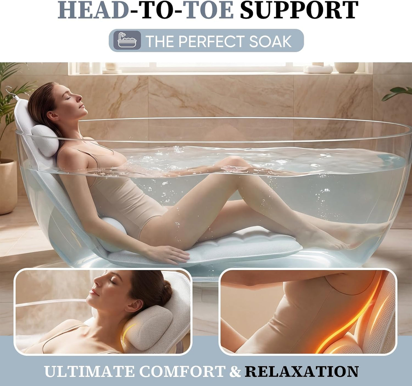 Full Body Bath Pillow for Bathtub, Adjustable Bathtub Pillows for Head and Neck Support, Extra Long Thick Bathtub Cushion with 192 Non-Slip Power Suction Cups, Spa Present Bath Pillow (52" x 17")