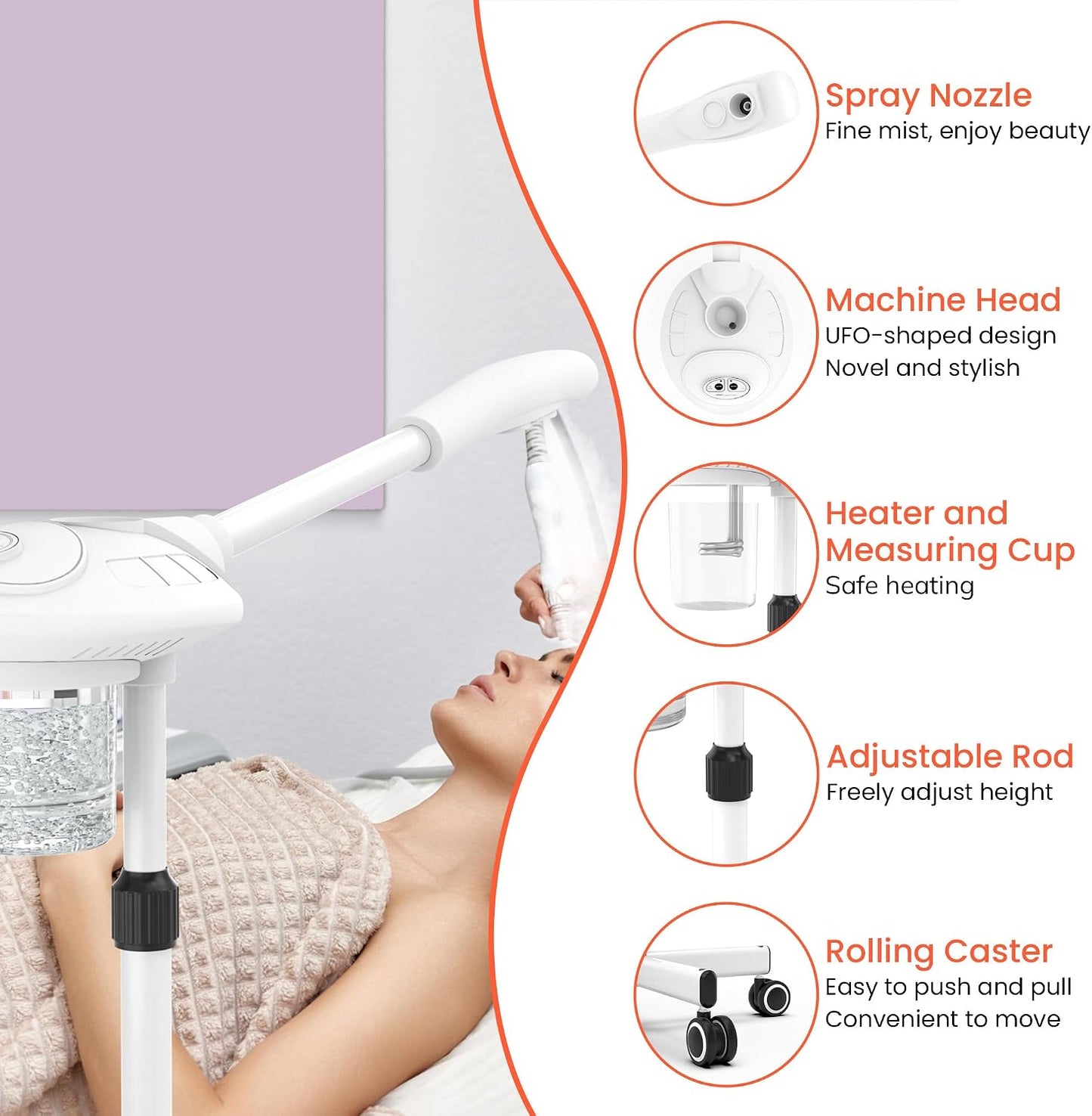TASALON Professional Facial Steamer with Ozone, Vapor ozono Facial Steamer Professional for Clean Skin, Firm Pores, Esthetician Steamer for Home or Salon Use, Adjustable Height and Angle,White
