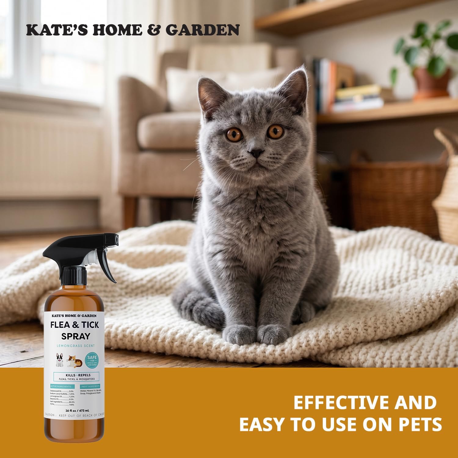 Kate's Home & Garden Flea and Tick Spray for Dogs and Cats – 16 oz Natural Lemongrass Flea Spray – Kills & Repels Fleas, Ticks, Mosquitoes – Pet Safe