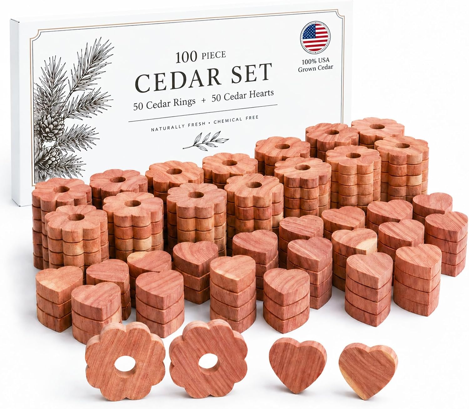 100 Pack Cedar Blocks for Clothes Storage, 100% Natural Aromatic Cedar Blocks for Closet, Wardrobe, Drawers and Shelves - 50 Rings and 50 Hearts Scented Wardrobe Freshener