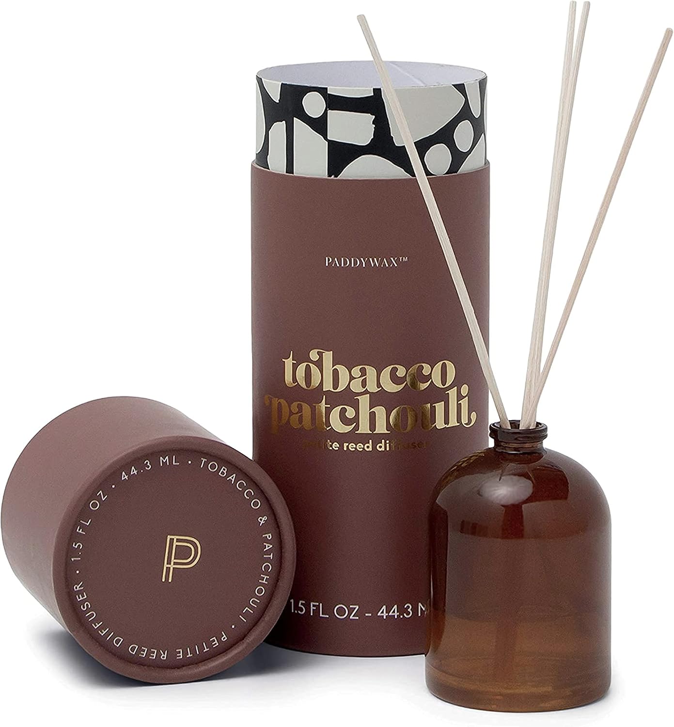 Paddywax Petite Reed Diffuser Set with Wooden Reeds, 720 Hour Long Lasting Home Fragrance Oil Diffuser, Decorative Milky Glass Bottle, Tobacco Patchouli Scent, Brown, 1.5 oz