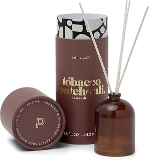 Paddywax Petite Reed Diffuser Set with Wooden Reeds, 720 Hour Long Lasting Home Fragrance Oil Diffuser, Decorative Milky Glass Bottle, Tobacco Patchouli Scent, Brown, 1.5 oz