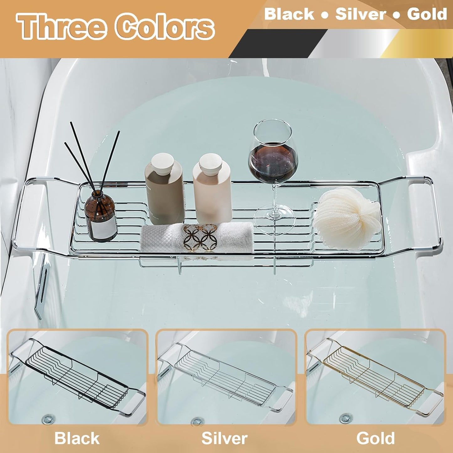 Stainless Steel Bathtub Caddy Tray, Expandable Bath Tub Table, Adjustable Bathroom Tray, Bath Organizer Tub Shelf,Silver,26.8~35.4in