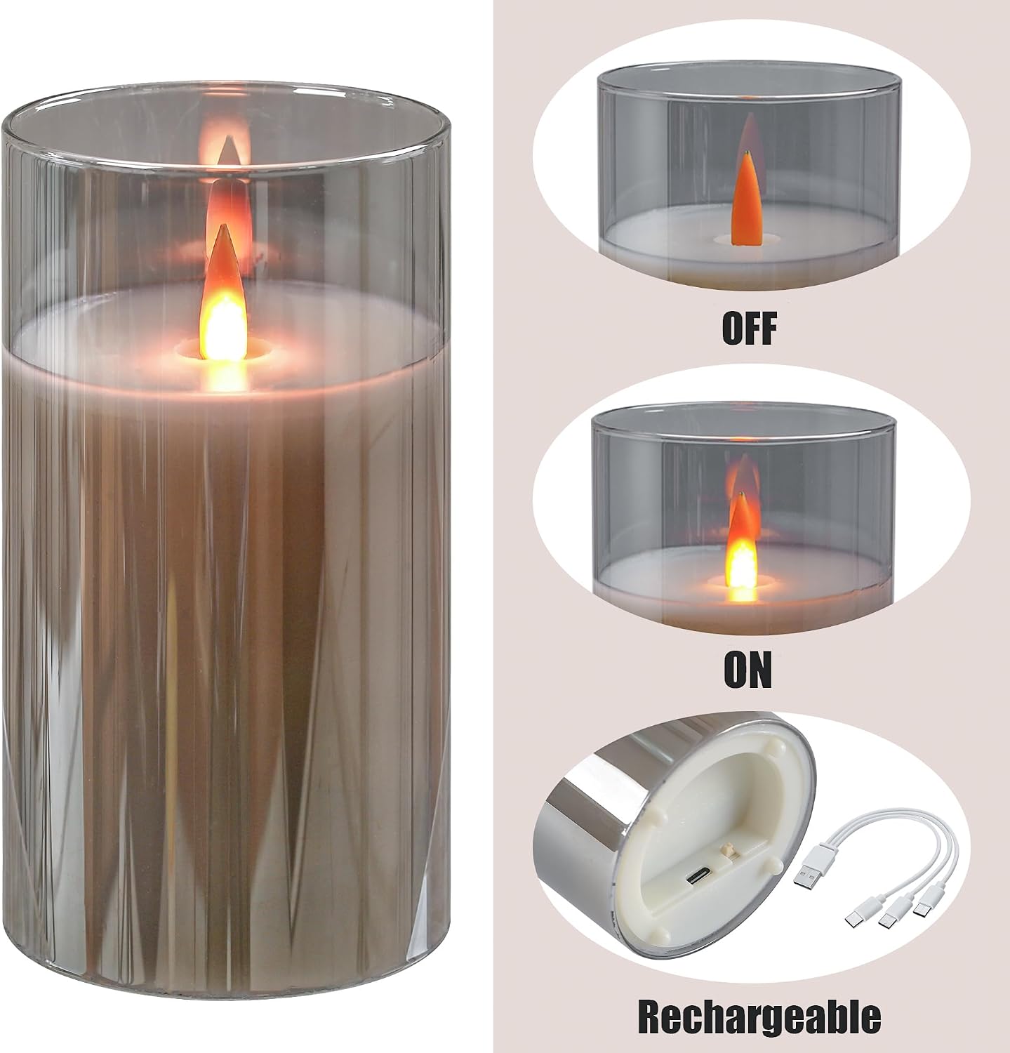 Rechargeable Flickering flameless Candles, USB Rechargeable Candles, Acrylic LED Pillar Candles, with Remote Control Timer, Gray (2-piece Set) for Home and Holiday Decoration