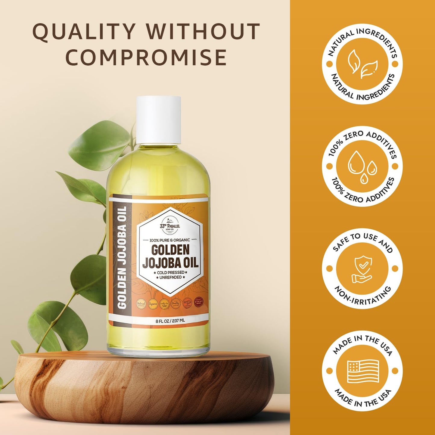 33rd PARALLEL | Golden Jojoba Oil (8 oz) Cold Pressed & Unrefined; Non-GMO; 100% Pure & Natural Hexane Free | Moisturizing Oil for Skin, Face, Hair & Nails | 8 FL OZ