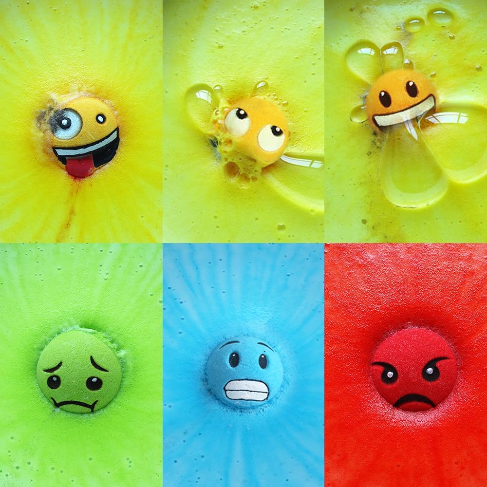 HZEX Large Emotion Face Bath Bombs Set of 6 – Fun Emoji-Inspired Spa Fizzies – Handmade with Shea Butter, Cocoa Butter & Essential Oils – Moisturizing Gift Set for Women, Men & Kids
