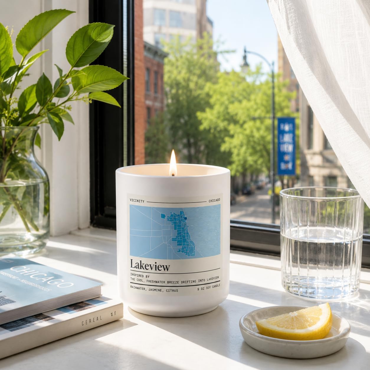 Vicinity Lakeview, Hand-Poured Soy Candle | Rainwater, Jasmine & Citrus | 9 oz, 45-50 Hour Burn | Gift Ready | Woman-Owned