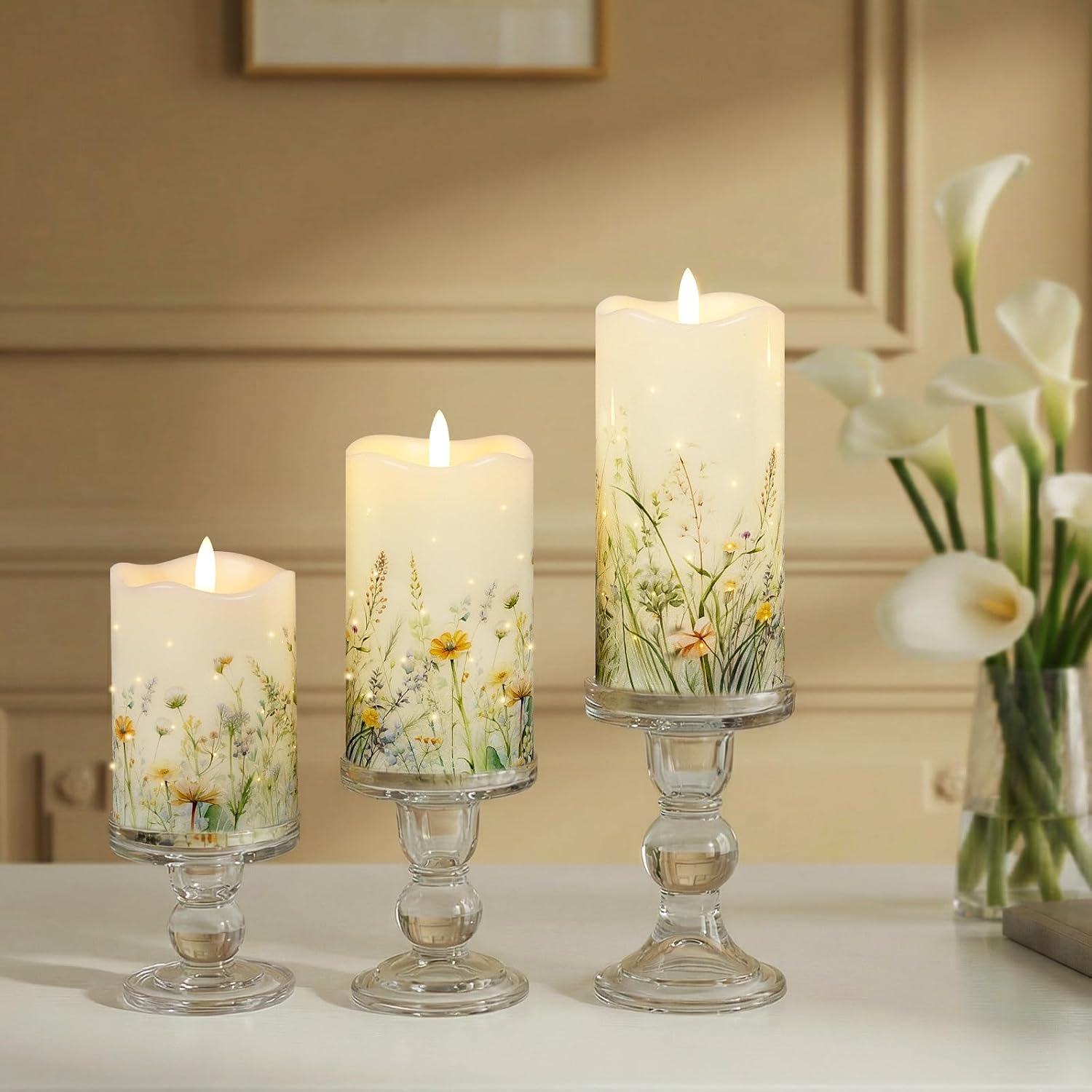 Flameless Candles, Battery Operated Floral Candles with Remote, Fiber Optic Flameless Pillar Candles Set of 3 for Spring Decorations Indoor