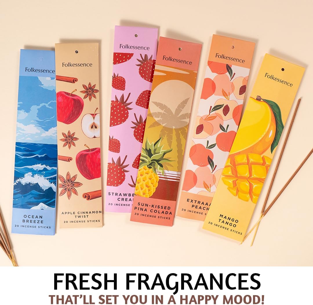 Folkulture Incense Sticks with Holder (120 Sticks) | Set of 6 Fruit Incense Sticks for Energy & Relaxation | No Charcoal, Non Toxic, Long Burning Ocean Breeze, Mango, Strawberry Insence-Sticks